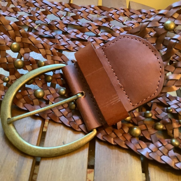 Another Line Inc Leather Wide Woven Braided Studded Belt Chestnut SZ L